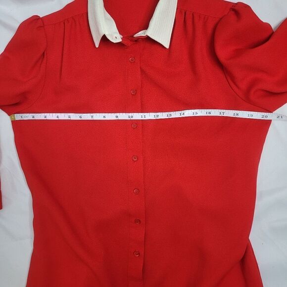 VINTAGE 70s red‎ removable collar button up academia midi dress M - Picture 9 of 11